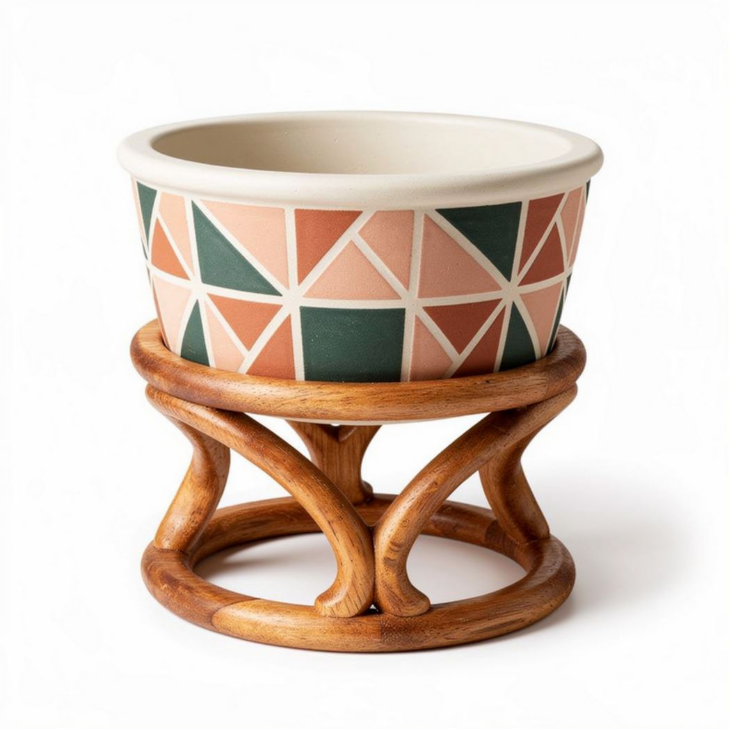 Doniczka ceramiczna z podstawą z drewna - 20 x 20 x 15cm